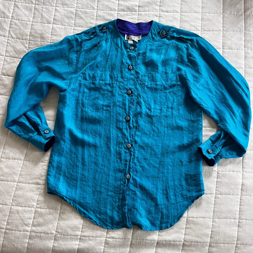 SK & Company Silk Blouse Womens Small Teal Blue Vintage Epaulet Button Down Top